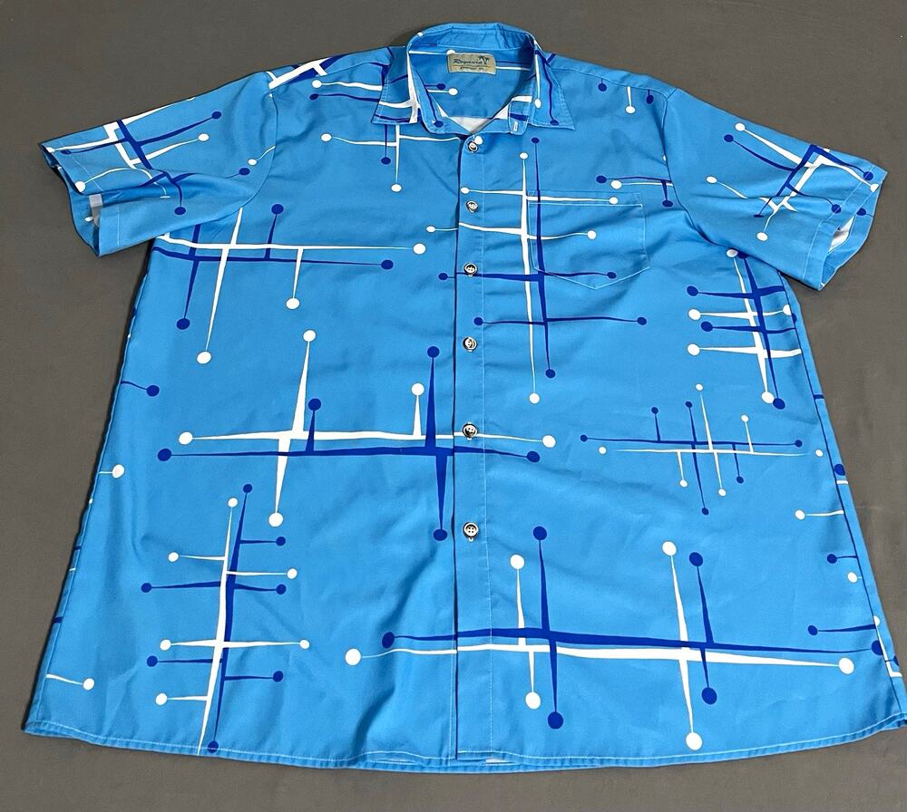 Royaura Mens XXL Hawaiian Shirt Blue Atomic Mid Century Print Camp Aloha